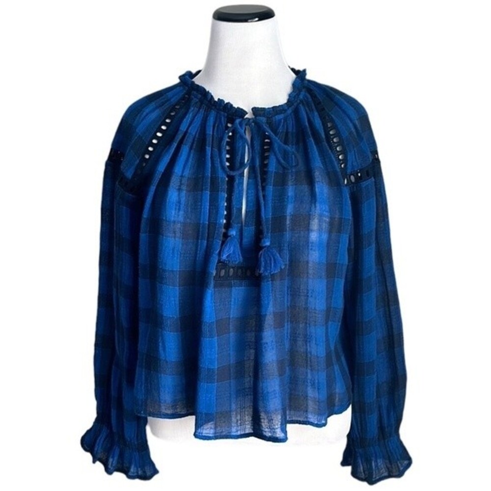 Free People Honey Grove Plaid Blue/ Black Check Long Sleeve Crop Top Size S